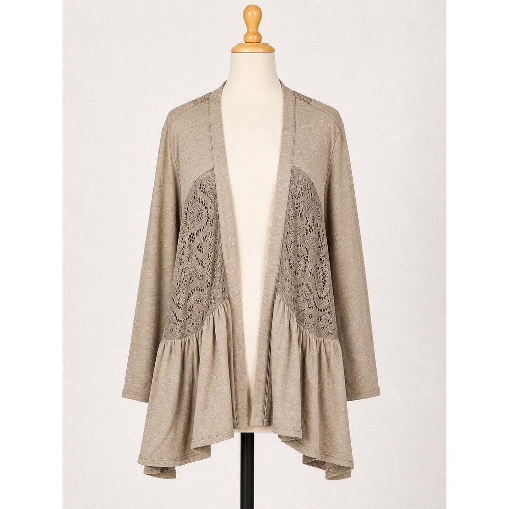 LOGO Lavish Open Front Lace Panel Cardigan Women's Large Tan Peplum Hem